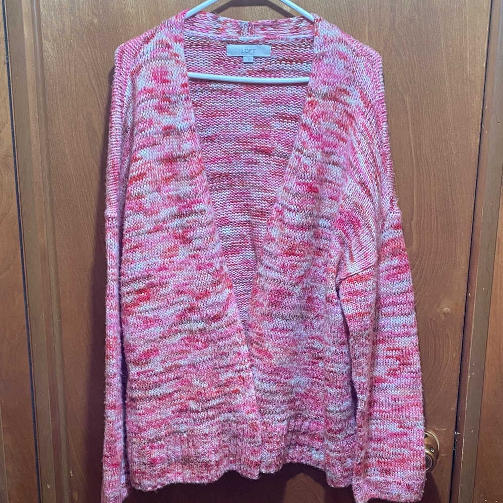 LOFT Women's Pink & Brown XL Open Front Chunky Cardigan Sweater Fall Winter